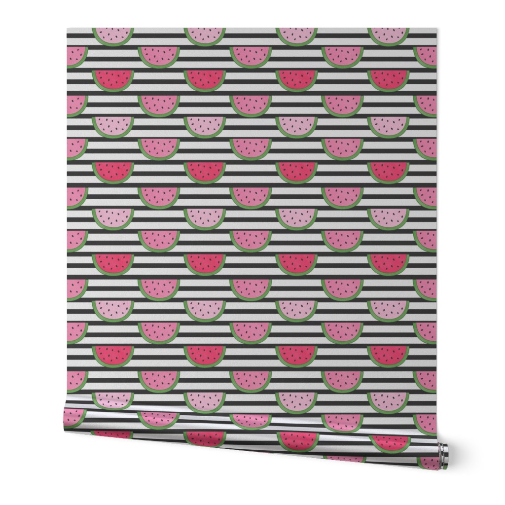 Watermelon Slices on Black and White Stripes - Medium Scale