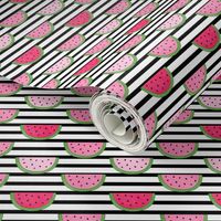 Watermelon Slices on Black and White Stripes - Small Scale