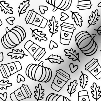 Coffee, Pumpkins, Hearts & Leaves: Black Outline on White 