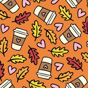 Coffee, Hearts & Leaves on Orange