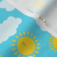 Small - Happy Sunshines and Clouds - Blue Linen Background