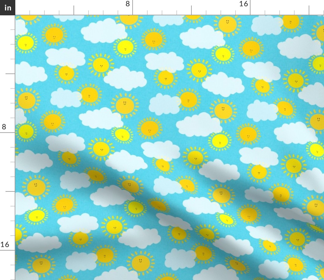 Small - Happy Sunshines and Clouds - Blue Linen Background
