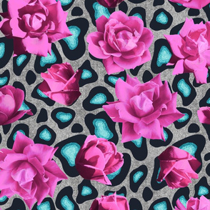 SNOW LEOPARD TEAL PINK ROSES L