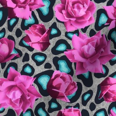 SNOW LEOPARD TEAL PINK ROSES M