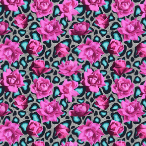 SNOW LEOPARD TEAL PINK ROSES M