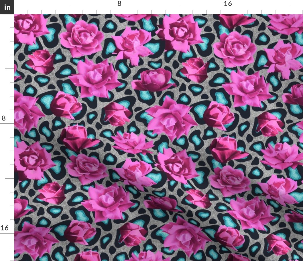 SNOW LEOPARD TEAL PINK ROSES M