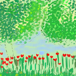 LANDSCAPE-GREEN TREES, RED FLOWERS 