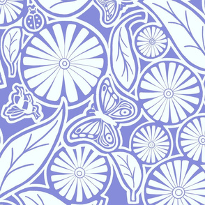 Island Time! Periwinkle blue floral with butterflies & bees & tropical lowers and  leaves