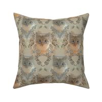 6x8-Inch Repeat of Damask of Cats in Golden Beige