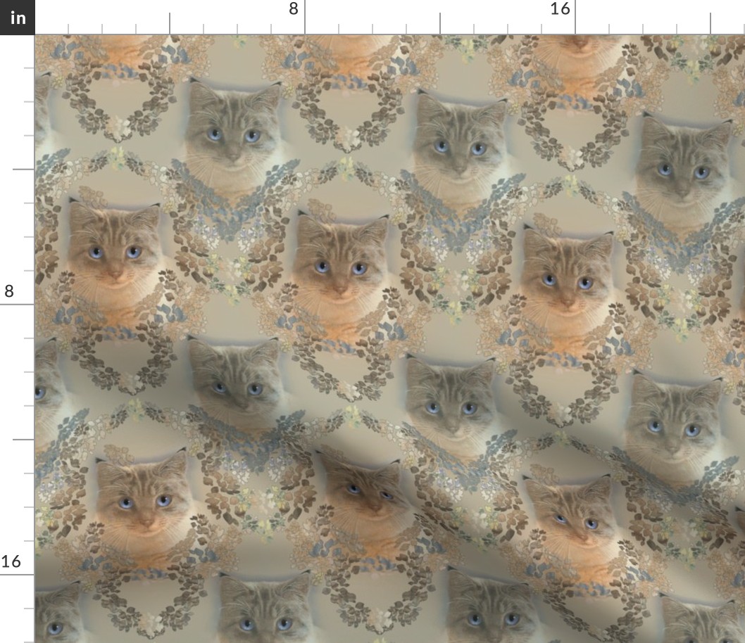 6x8-Inch Repeat of Damask of Cats in Golden Beige