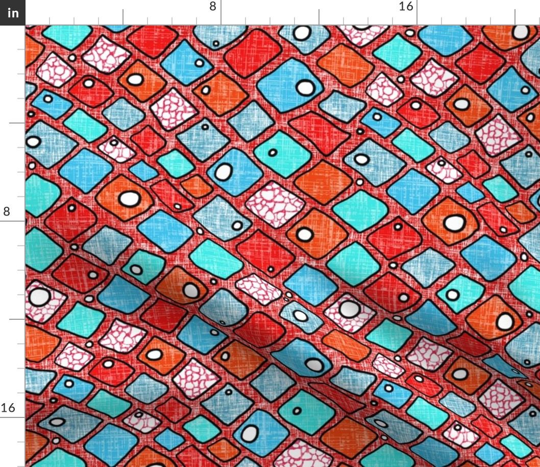 Turquoise, red + blue patches on deep red linen weave by Su_G_©SuSchaefer