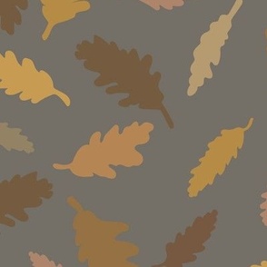 Large scale Autumn Leaves - scattered, large scale oak Leaves  in mustard and warm brown on cool neutral grey - for wallpaper retro vintage vibes, rustic cozy cabin bed linen and table cloths 