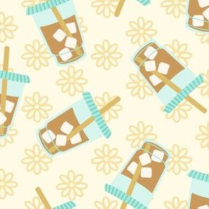Teal Iced Coffee with Flowers on Beige