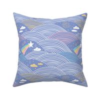rainbow abstract scales, sky clouds stars, simple  scandinavian style, Very Peri