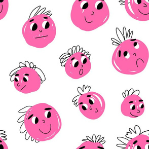 Pink doodle faces on white background - large version