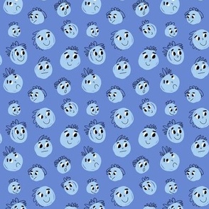 Blue doodle faces on navy blue background - tiny version