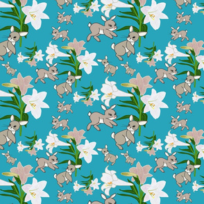 Easter Lilies Bunny Frolic - aqua blue, medium