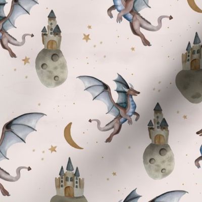 Fantasy watercolor dragons and floating magic castles universe dream moon and stars night ivory blue neutral