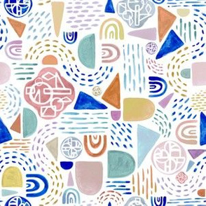 Small Pastel + Royal Blue Funky Gouache Geometric Abstract Shapes Painting // © ZirkusDesign Modern, Hand Painted, Triangle, Dots, Curves, Lines, Geometry, Symbol, Rainbow, Face Mask, Wallpaper