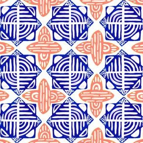 Small Royal Blue + Coral Gouache Abstract Geometric Tiles // © ZirkusDesign Mediterranean, Greek, Morocco, Moroccan, Ceramic, Hand Painted, White, Cross, Mosaic, Face Mask, Wallpaper