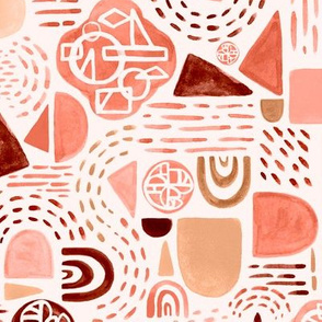 Medium Warm Blush Aztec Red Orange Earth Tones Funky Gouache Geometric Abstract Shapes Painting // © ZirkusDesign Modern, Hand Painted, Triangle, Dots, Curves, Lines, Geometry, Symbol, Rainbow, Face Mask, Wallpaper