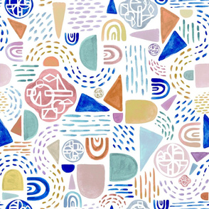 Large Pastel + Royal Blue Funky Gouache Geometric Abstract Shapes Painting // © ZirkusDesign Modern, Hand Painted, Triangle, Dots, Curves, Lines, Geometry, Symbol, Rainbow, Face Mask, Wallpaper