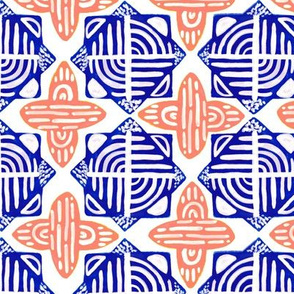Medium Royal Blue + Coral Gouache Abstract Geometric Tiles // © ZirkusDesign Mediterranean, Greek, Morocco, Moroccan, Ceramic, Hand Painted, White, Cross, Mosaic, Face Mask, Wallpaper