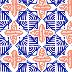 Large Royal Blue + Coral Gouache Abstract Geometric Tiles // © ZirkusDesign Mediterranean, Greek, Morocco, Moroccan, Ceramic, Hand Painted, White, Cross, Mosaic, Face Mask, Wallpaper