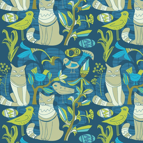 Retro Pattern- Cats birds and flowers- Blue and green 