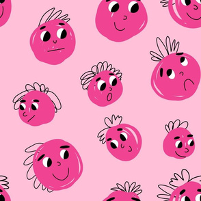 Pink doodle faces on soft pink bg - large pattern version 