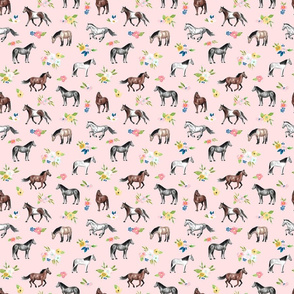 Horses and Springtime Floral on Soft Pink Medium