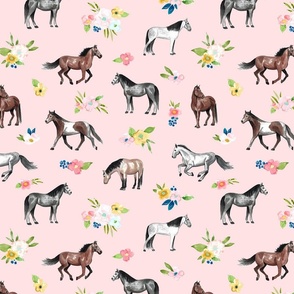 Horses and Springtime Floral on Soft Pink Large