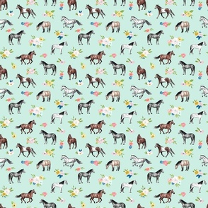 Horses and Springtime Small Floral on Mint Blue Medium