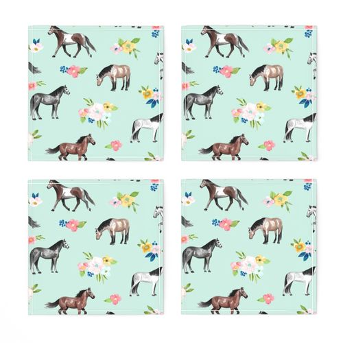 Horses and Springtime Small Floral on Mint Blue Large