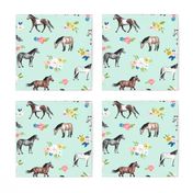 Horses and Springtime Small Floral on Mint Blue Large