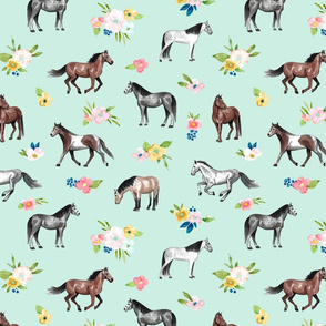 Horses and Springtime Small Floral on Mint Blue Large