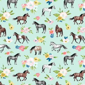 Horses and Springtime Floral on Mint Blue Large