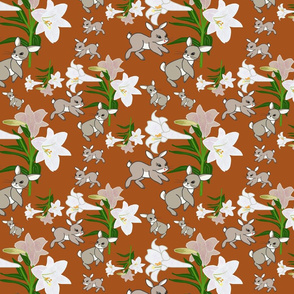 Easter Lilies Bunny Frolic - sienna copper, medium