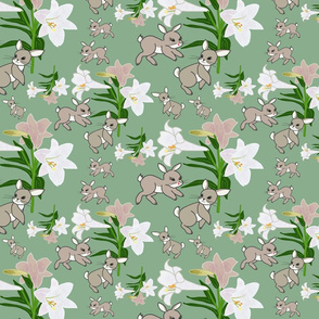 Easter Lilies Bunny Frolic - jade, medium