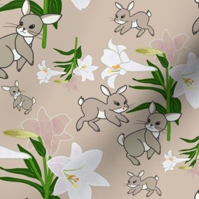 Easter Lilies Bunny Frolic - greige, medium