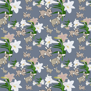 Easter Lilies Bunny Frolic - slate, medium