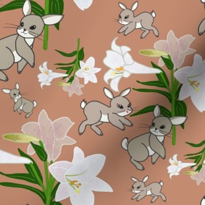 Easter Lilies Bunny Frolic - sienna, medium
