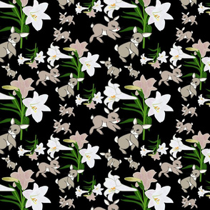 Easter Lilies Bunny Frolic - black, medium