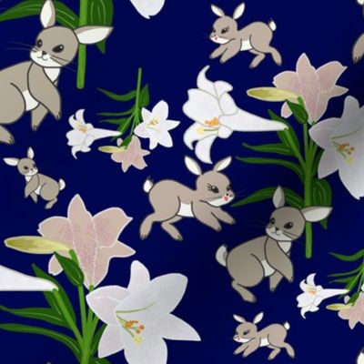 Easter Lilies Bunny Frolic - midnight blue, medium