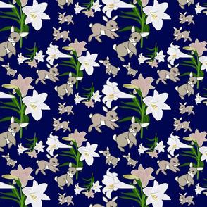 Easter Lilies Bunny Frolic - midnight blue, medium