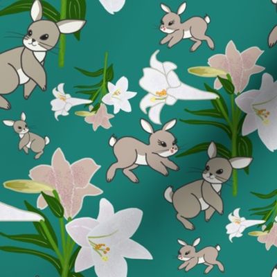Easter Lilies Bunny Frolic - forest pine, medium