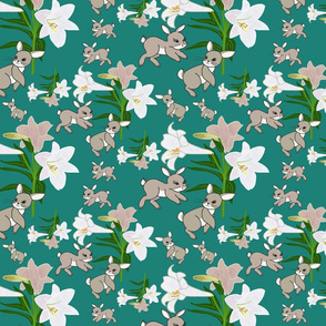 Easter Lilies Bunny Frolic - forest pine, medium