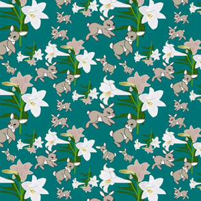 Easter Lilies Bunny Frolic - teal green, medium