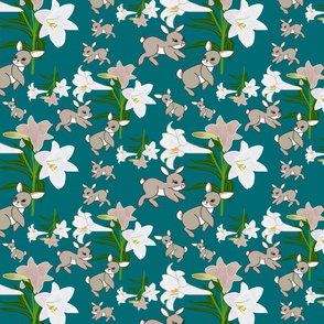 Easter Lilies Bunny Frolic - teal blue, medium