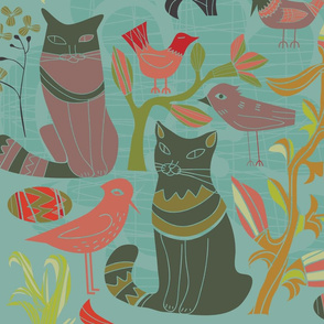 Birds cats flowers retro pattern green tones